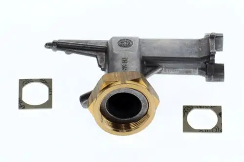 BOSCH Anschlussstück aus Metall mit einer goldenen Gewindeverbindung und mehreren Dichtungen, geeignet für hydraulische Anwendungen.
